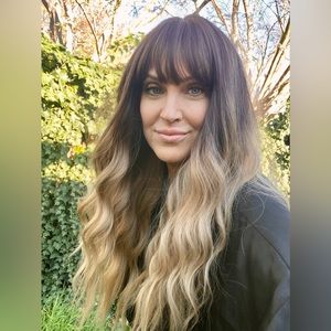 SOFT Long Ombré Wig Brunette Blonde Beach Wavy Curly with Bangs (#6)